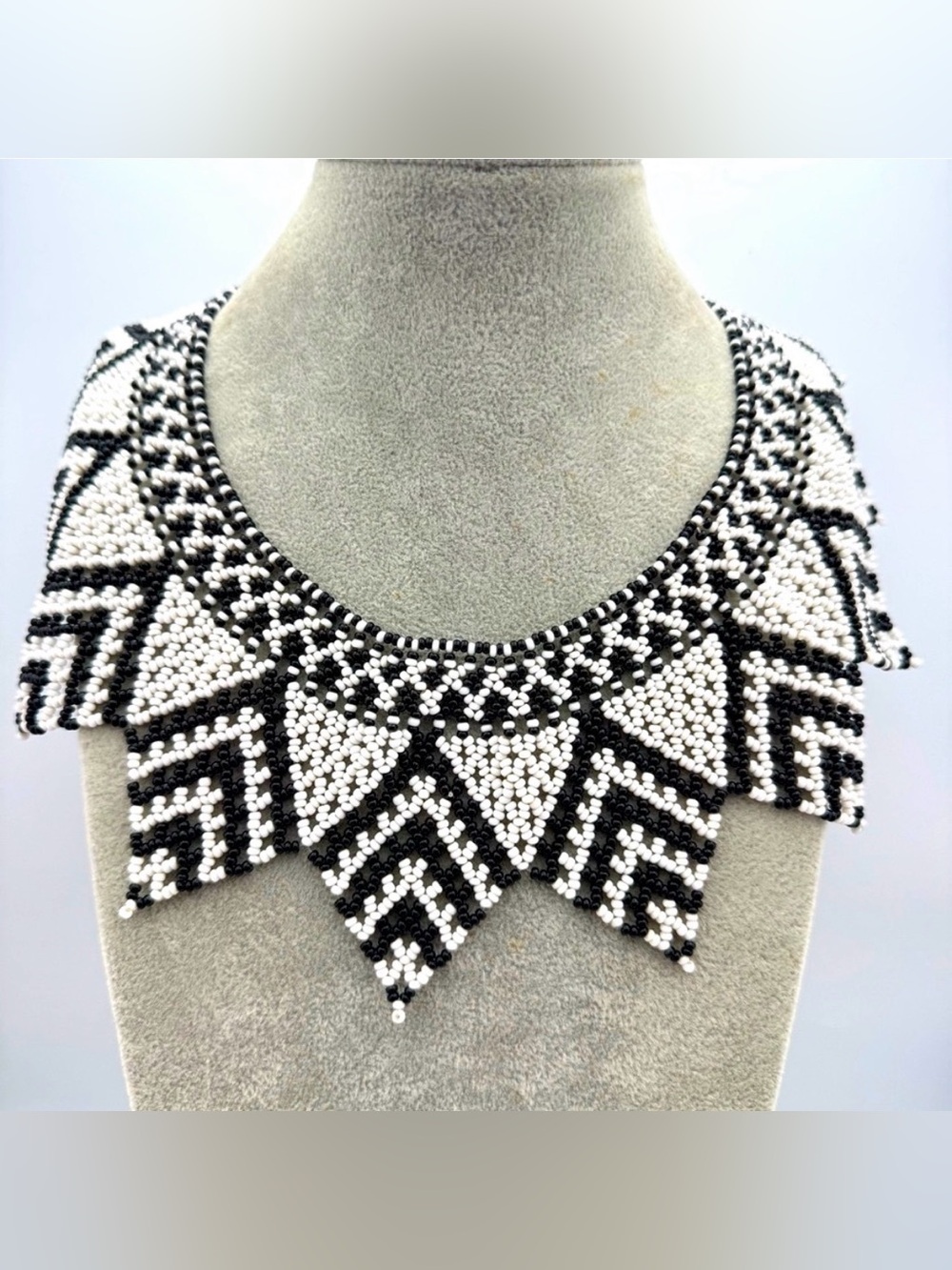 Hand Beaded Black & White Tribal Collar Necklace Statement Bib
